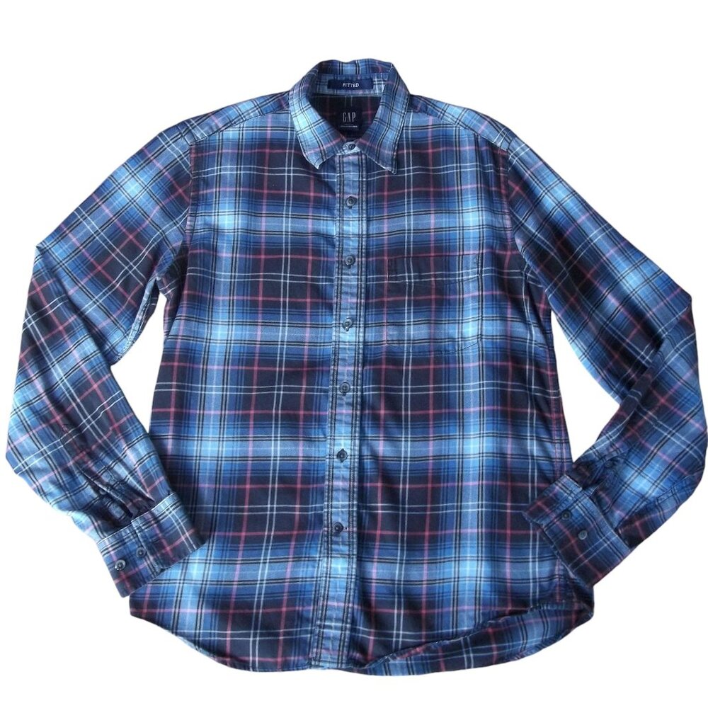 GAP Grunge Blue Plaid Fitted Cotton Flannel Boyfriend Shirt S